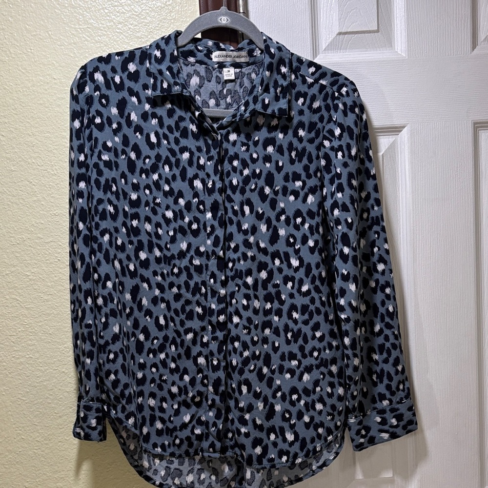 Leopard-Print Button-Down Blouse in Slate Blue
